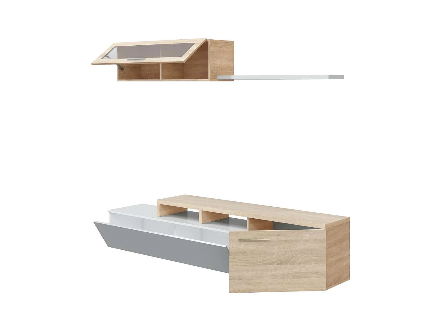 Mueble de salón Nex en roble canadian/ blanco brillo, 200cm(alto) 200cm(ancho) 34cm(largo