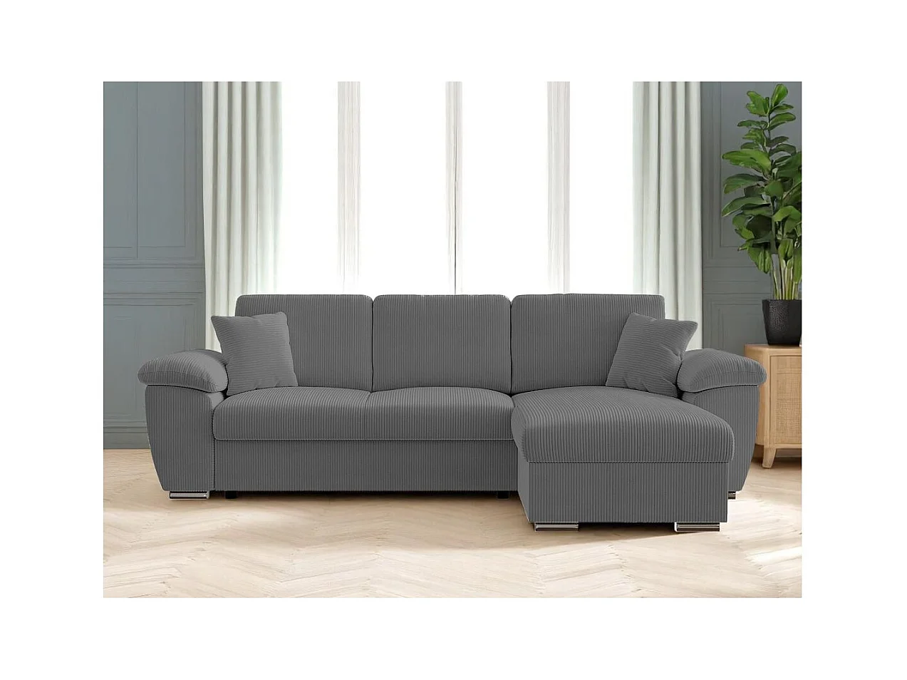 Canapé d'angle ALBERT réversible convertible 4 places avec coffre en velours côtelé - Gris anthracite