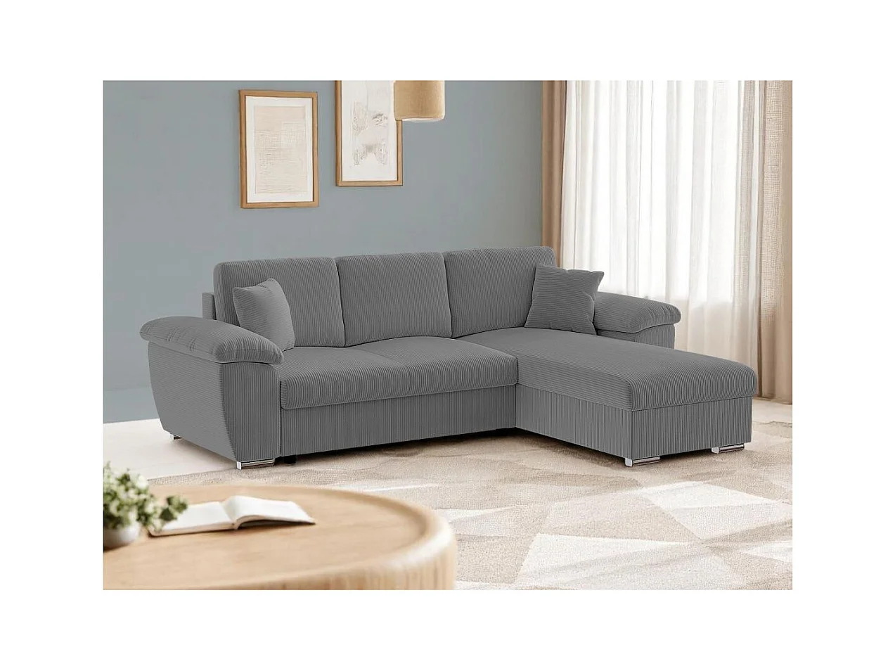 Canapé d'angle ALBERT réversible convertible 4 places avec coffre en velours côtelé - Gris anthracite