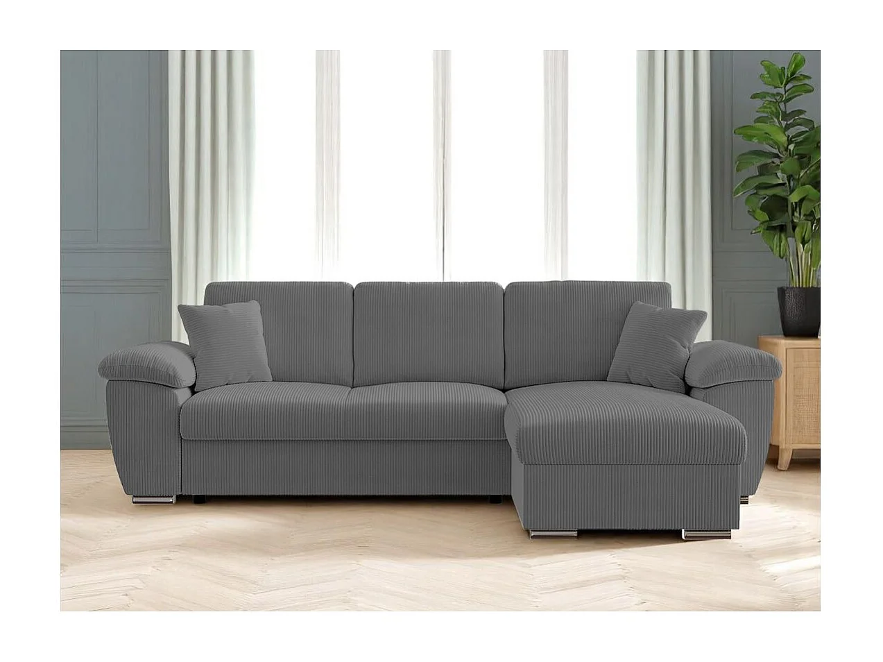 Canapé d'angle ALBERT réversible convertible 4 places avec coffre en velours côtelé - Gris anthracite