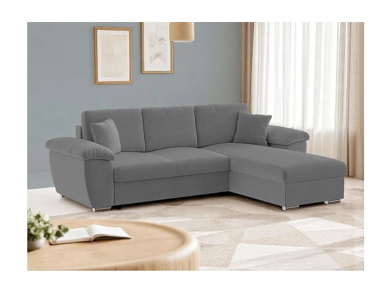 Canapé d'angle ALBERT réversible convertible 4 places avec coffre en velours côtelé - Gris anthracite