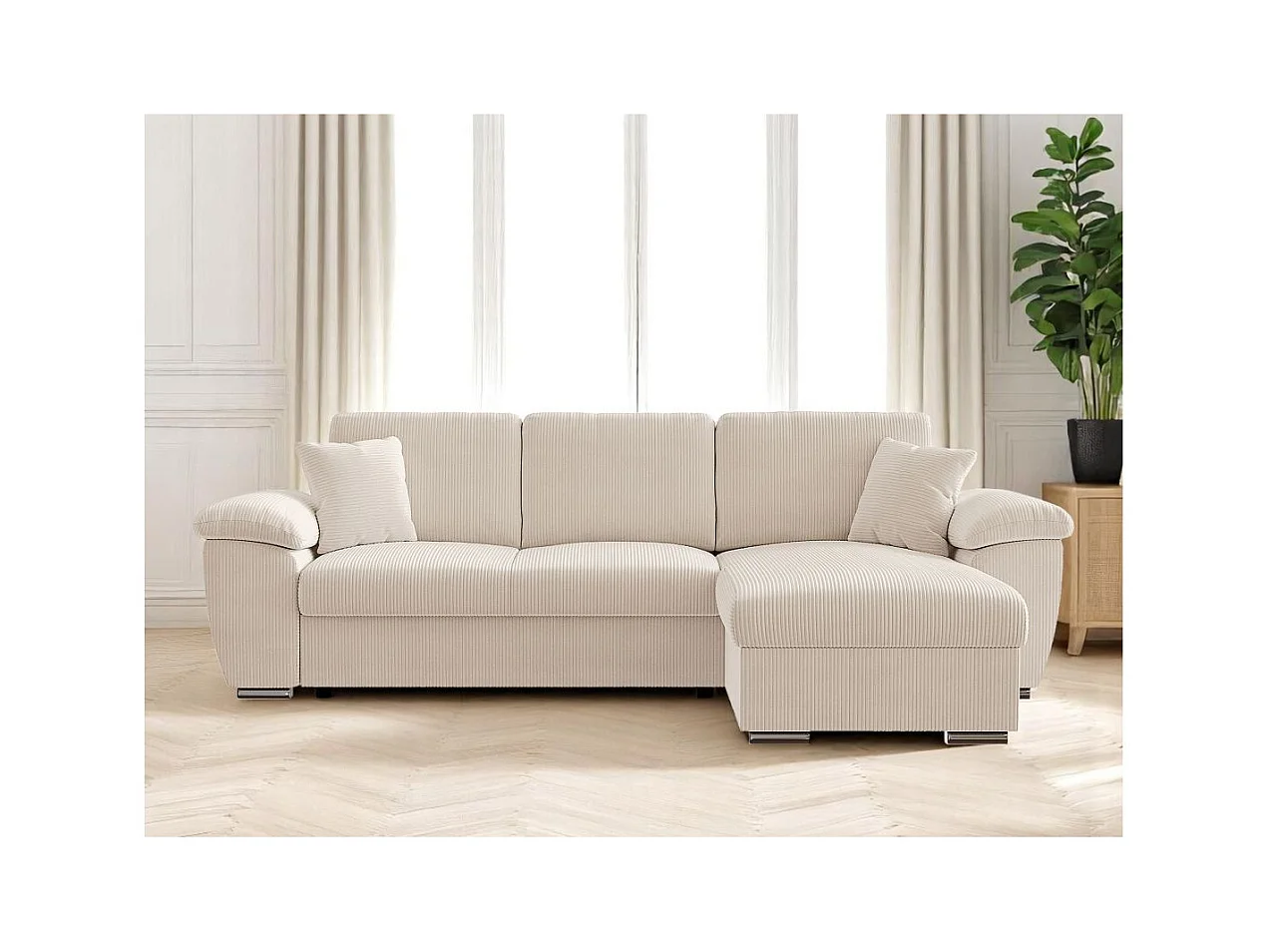 Canapé d'angle ALBERT réversible convertible 4 places avec coffre en velours côtelé - Beige