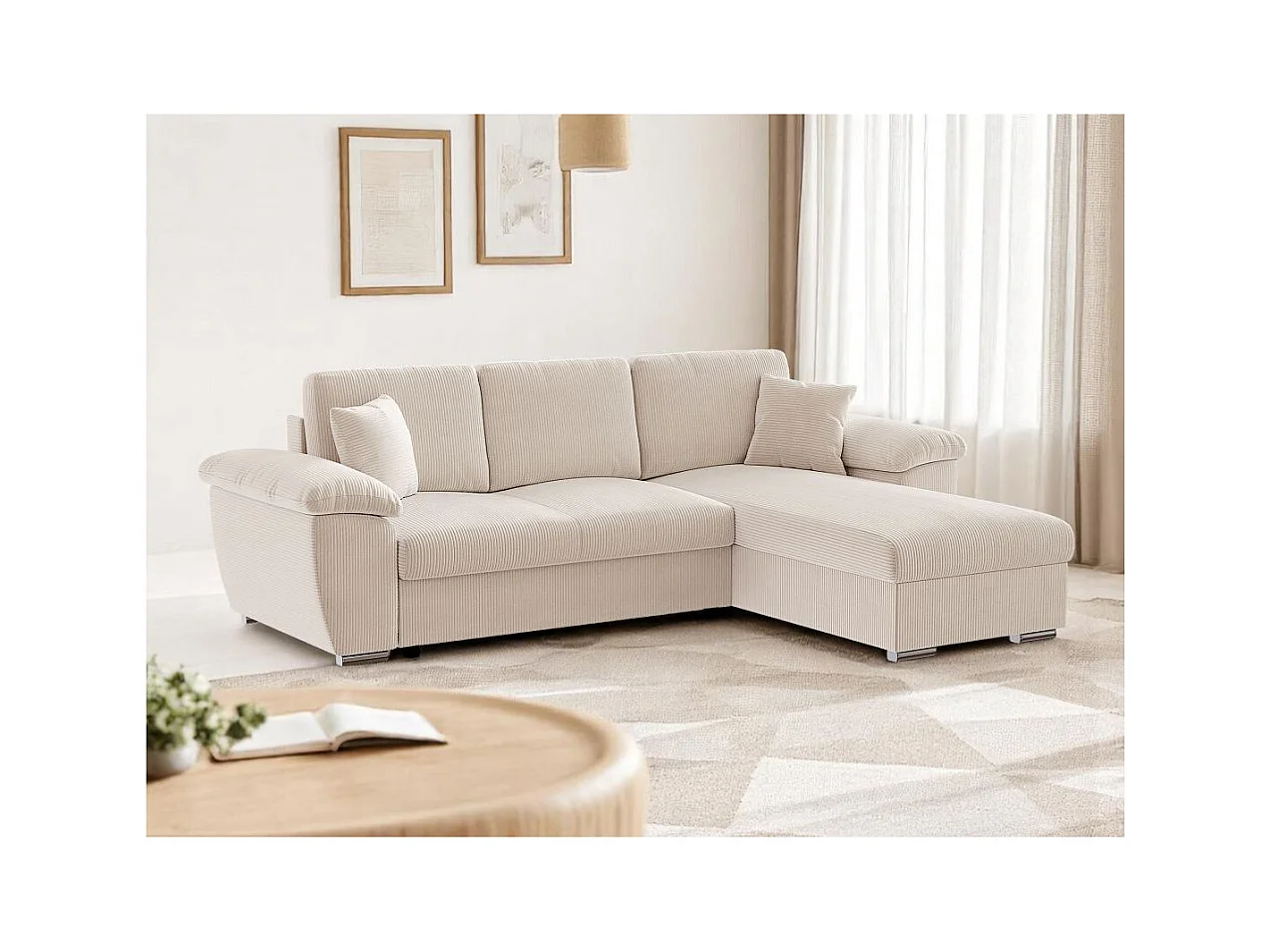 Canapé d'angle ALBERT réversible convertible 4 places avec coffre en velours côtelé - Beige