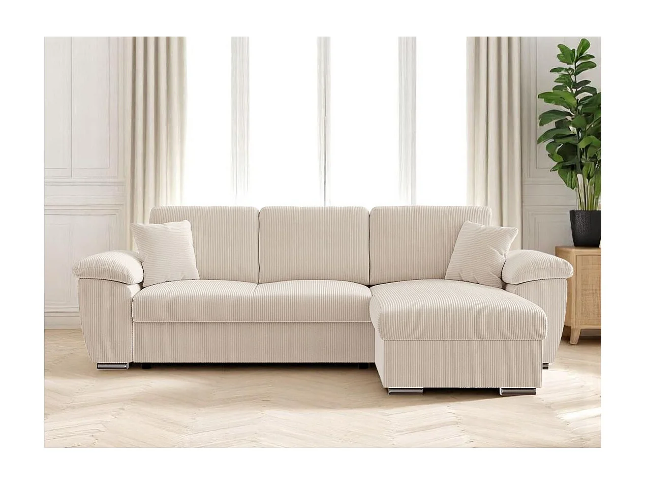 Canapé d'angle ALBERT réversible convertible 4 places avec coffre en velours côtelé - Beige