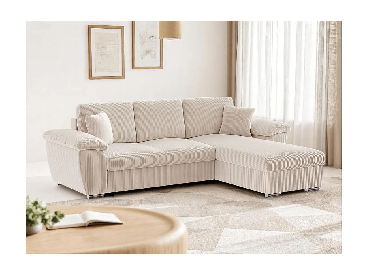 Canapé d'angle ALBERT réversible convertible 4 places avec coffre en velours côtelé - Beige