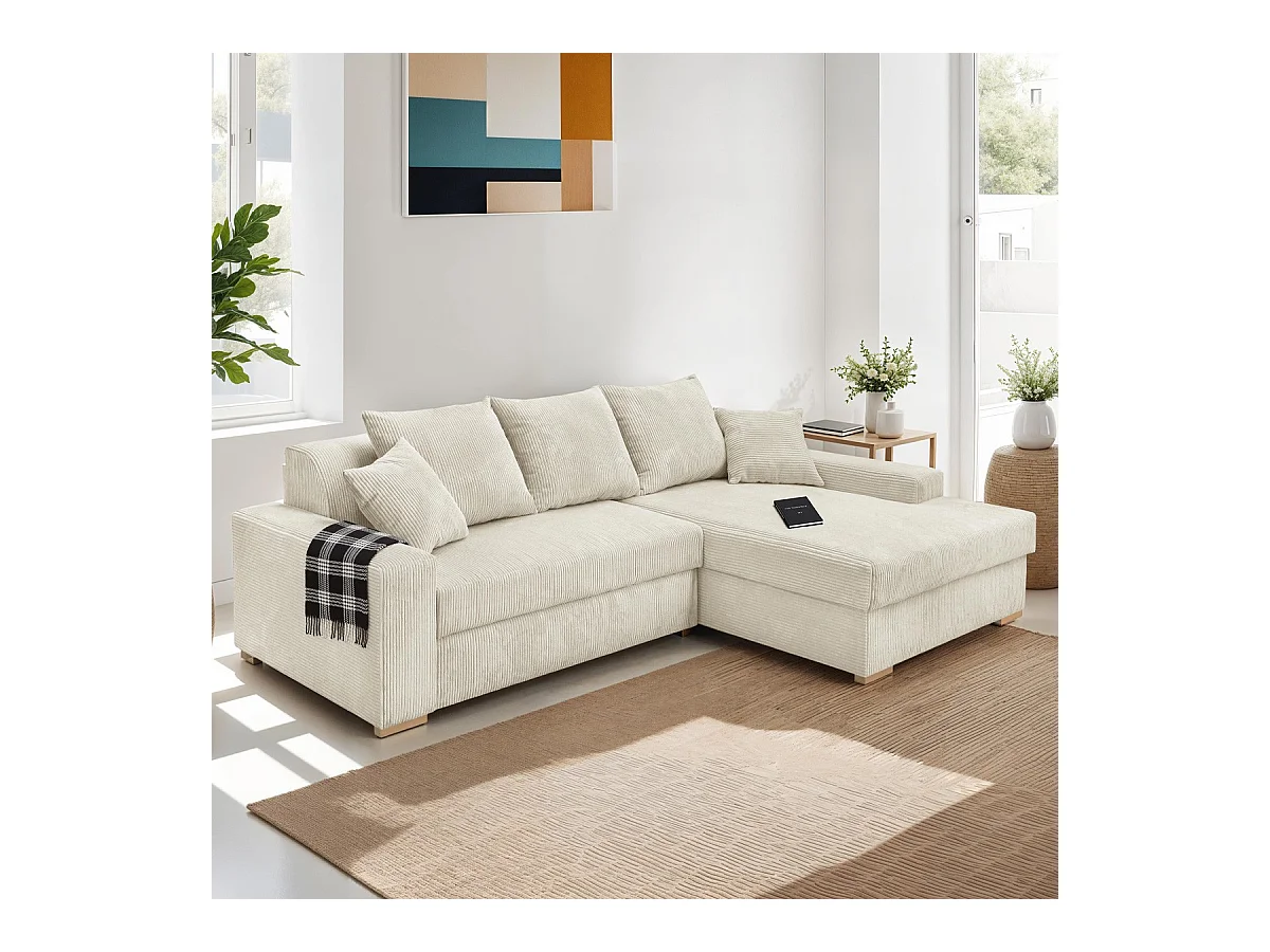 Canapé d'angle à droite convertible 3/4 places en velours côtelé beige - Nyssa
