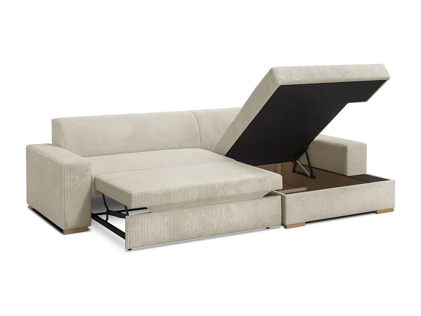 Canapé d'angle à droite convertible 3/4 places en velours côtelé beige - Nyssa