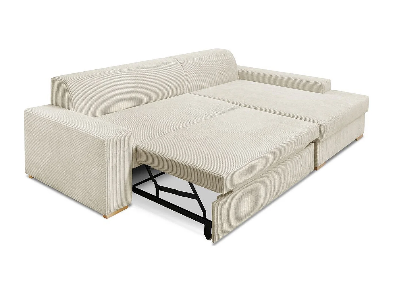 Canapé d'angle à droite convertible 3/4 places en velours côtelé beige - Nyssa