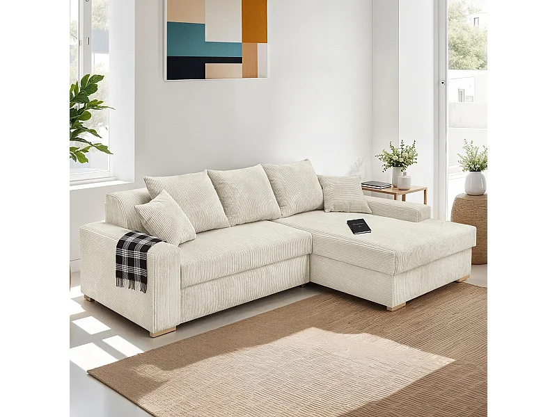 Canapé d'angle à droite convertible 3/4 places en velours côtelé beige - Nyssa