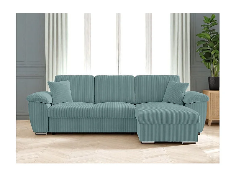 Canapé d'angle ALBERT réversible convertible 4 places avec coffre en velours côtelé - Bleu clair