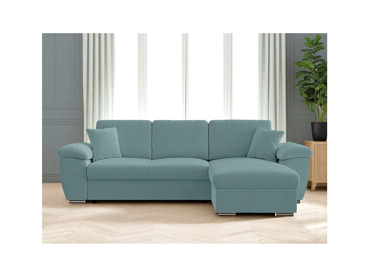 Canapé d'angle ALBERT réversible convertible 4 places avec coffre en velours côtelé - Bleu clair