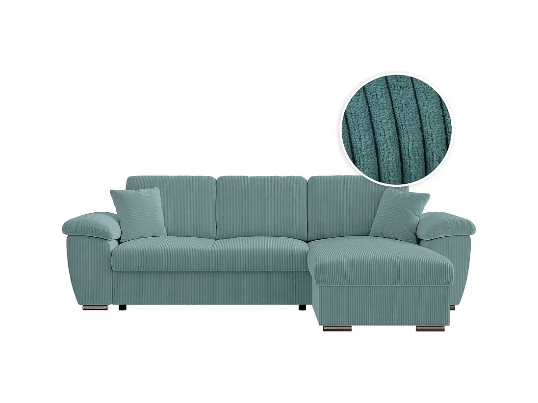 Canapé d'angle ALBERT réversible convertible 4 places avec coffre en velours côtelé - Bleu clair