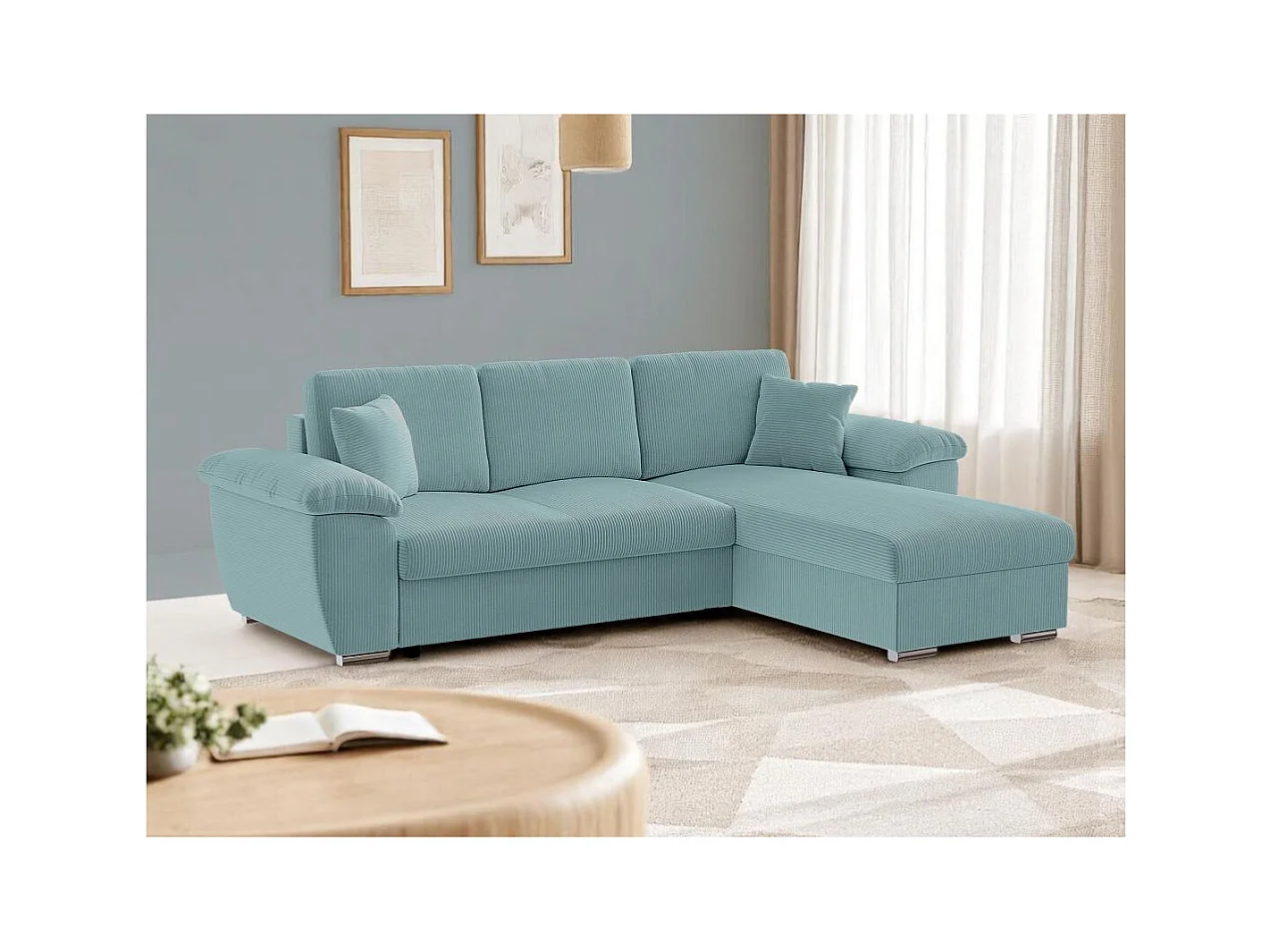 Canapé d'angle ALBERT réversible convertible 4 places avec coffre en velours côtelé - Bleu clair