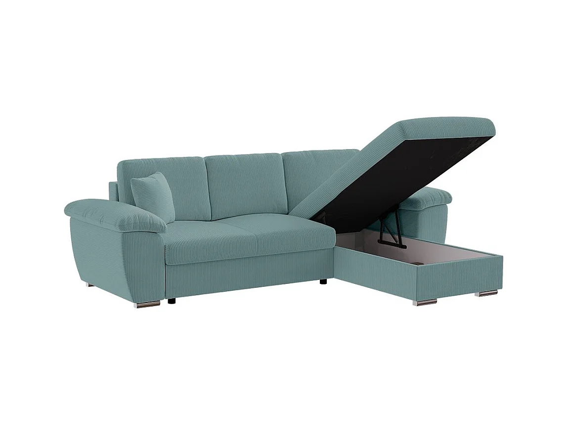 Canapé d'angle ALBERT réversible convertible 4 places avec coffre en velours côtelé - Bleu clair