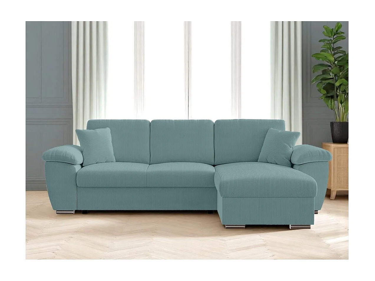 Canapé d'angle ALBERT réversible convertible 4 places avec coffre en velours côtelé - Bleu clair