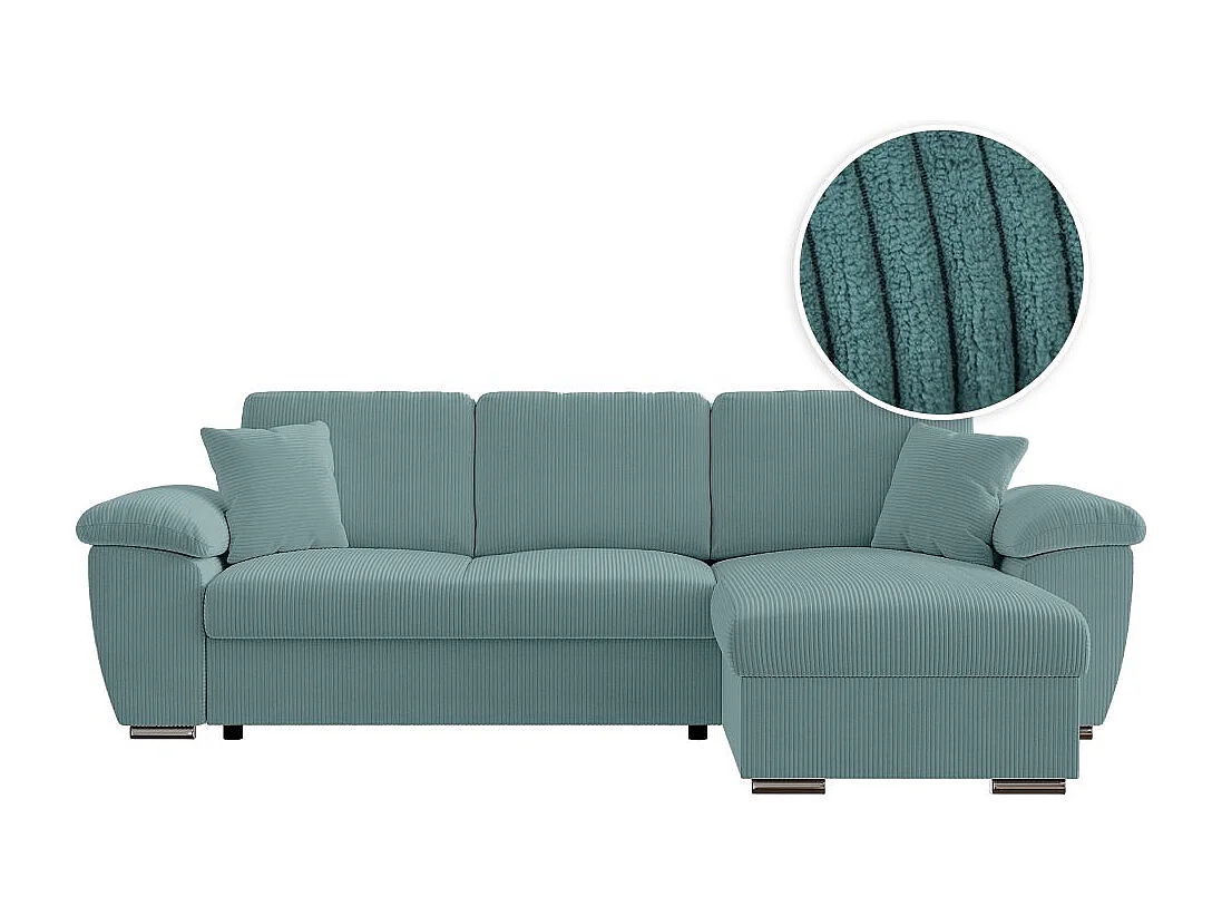 Canapé d'angle ALBERT réversible convertible 4 places avec coffre en velours côtelé - Bleu clair