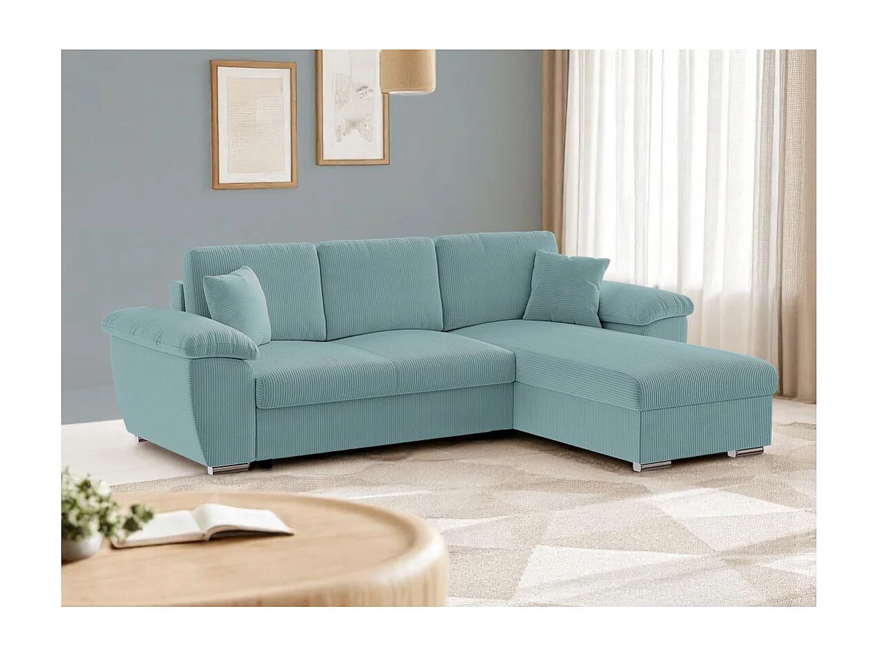 Canapé d'angle ALBERT réversible convertible 4 places avec coffre en velours côtelé - Bleu clair