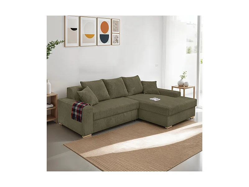 Canapé d'angle à droite convertible 3/4 places en velours côtelé vert kaki - Nyssa