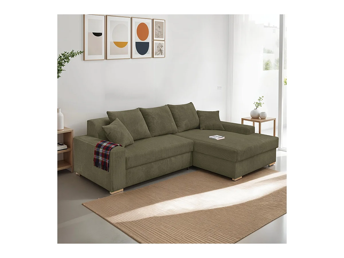 Canapé d'angle à droite convertible 3/4 places en velours côtelé vert kaki - Nyssa