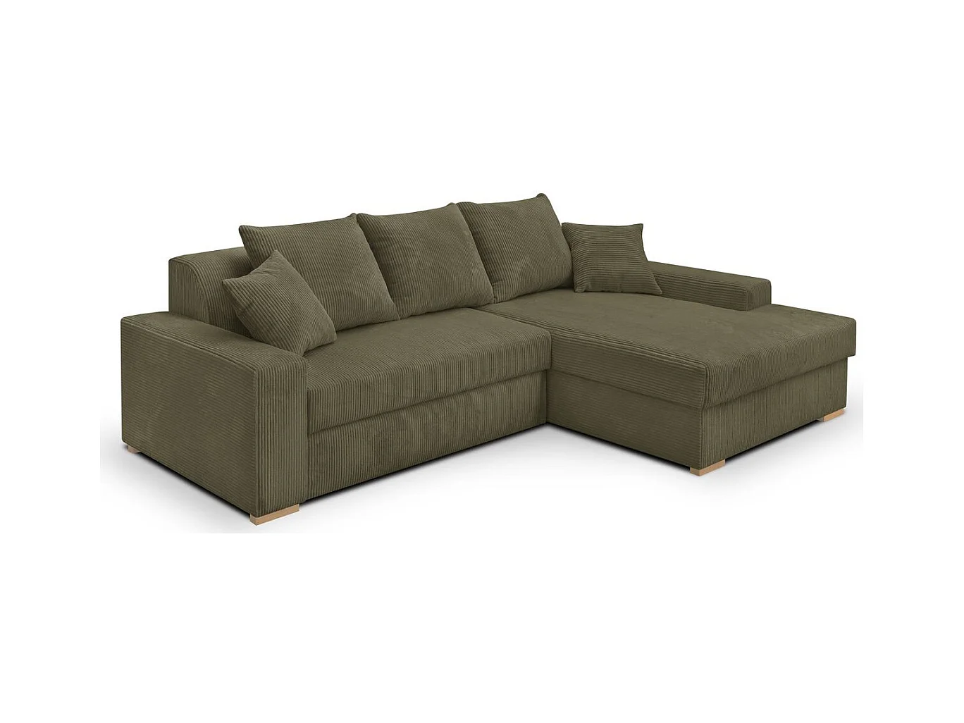 Canapé d'angle à droite convertible 3/4 places en velours côtelé vert kaki - Nyssa