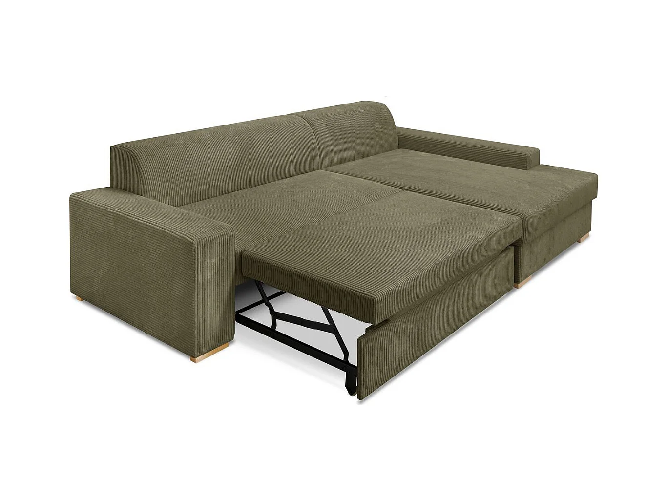 Canapé d'angle à droite convertible 3/4 places en velours côtelé vert kaki - Nyssa