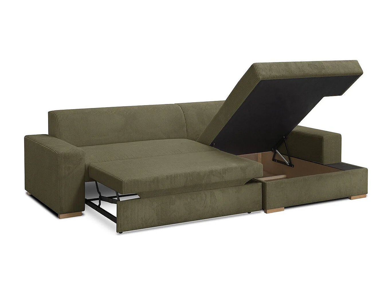 Canapé d'angle à droite convertible 3/4 places en velours côtelé vert kaki - Nyssa