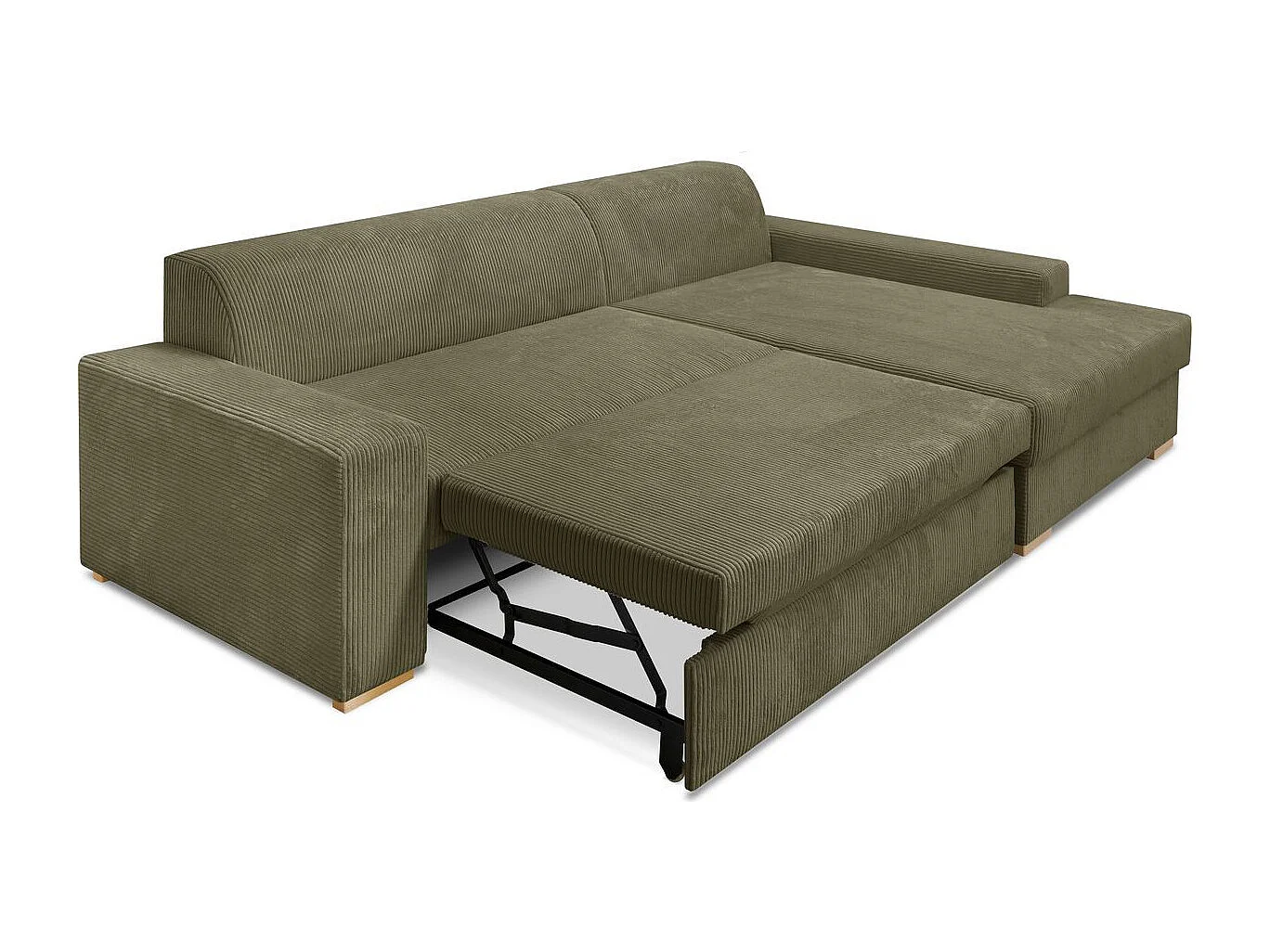 Canapé d'angle à droite convertible 3/4 places en velours côtelé vert kaki - Nyssa