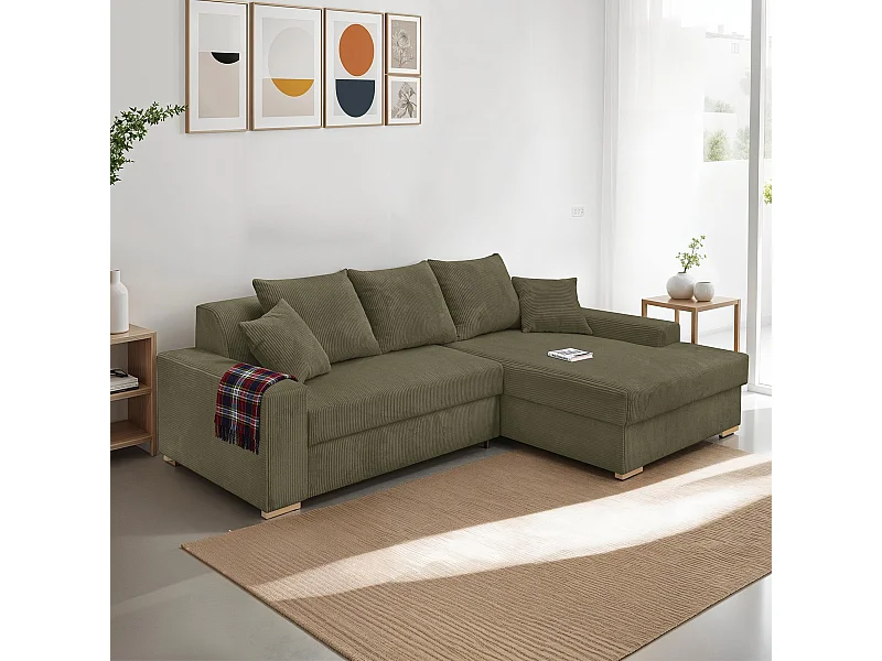 Canapé d'angle à droite convertible 3/4 places en velours côtelé vert kaki - Nyssa