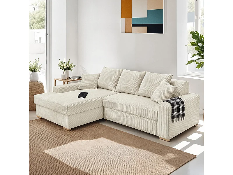 Canapé d'angle à gauche convertible 3/4 places en velours côtelé beige - Nyssa