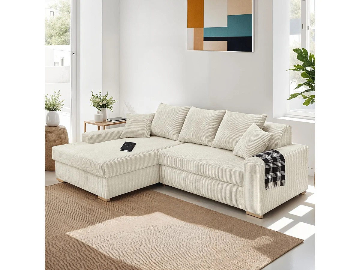 Canapé d'angle à gauche convertible 3/4 places en velours côtelé beige - Nyssa