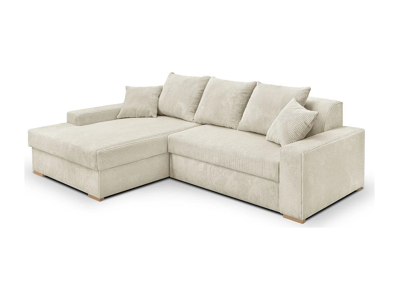 Canapé d'angle à gauche convertible 3/4 places en velours côtelé beige - Nyssa