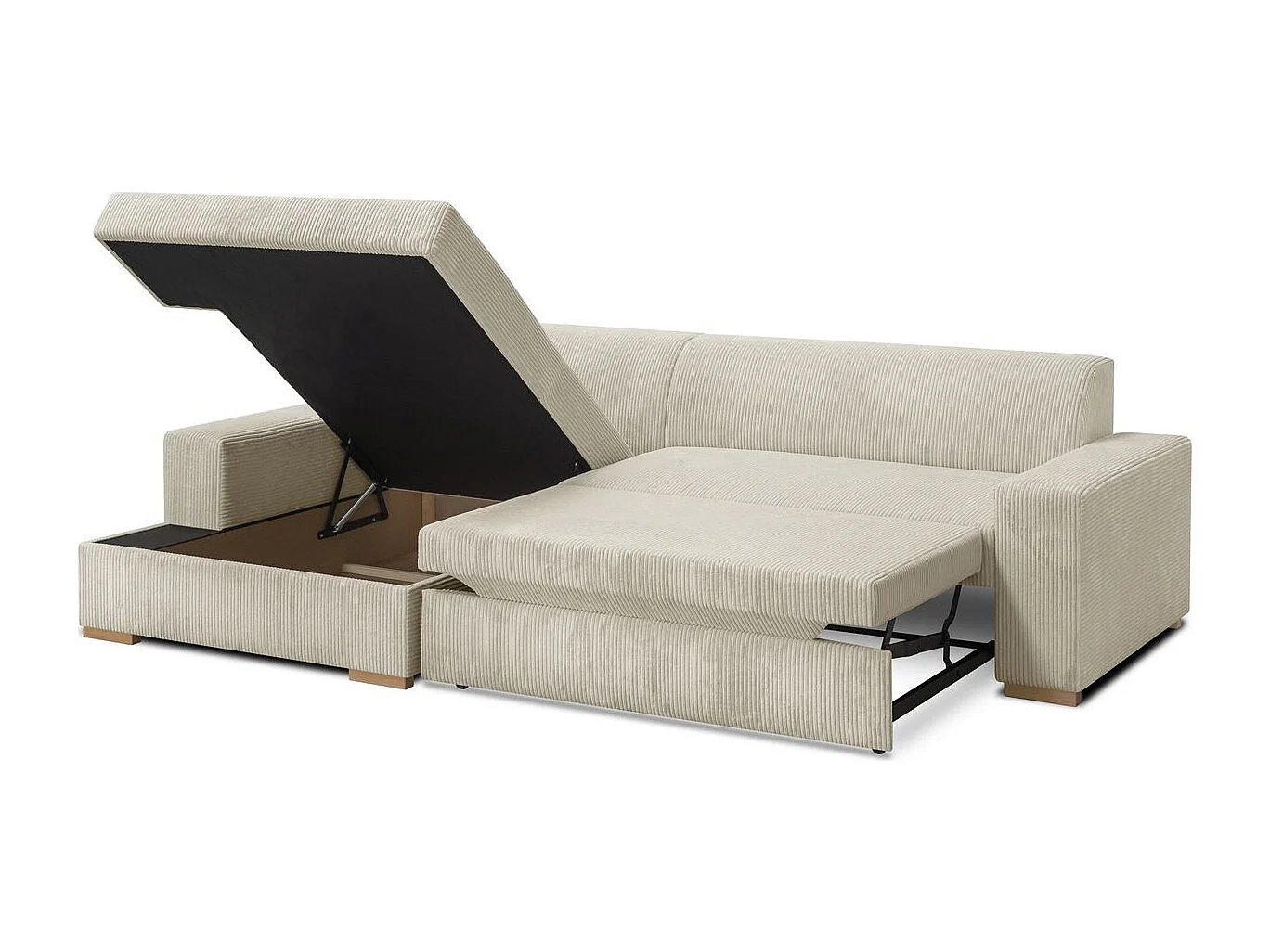 Canapé d'angle à gauche convertible 3/4 places en velours côtelé beige - Nyssa