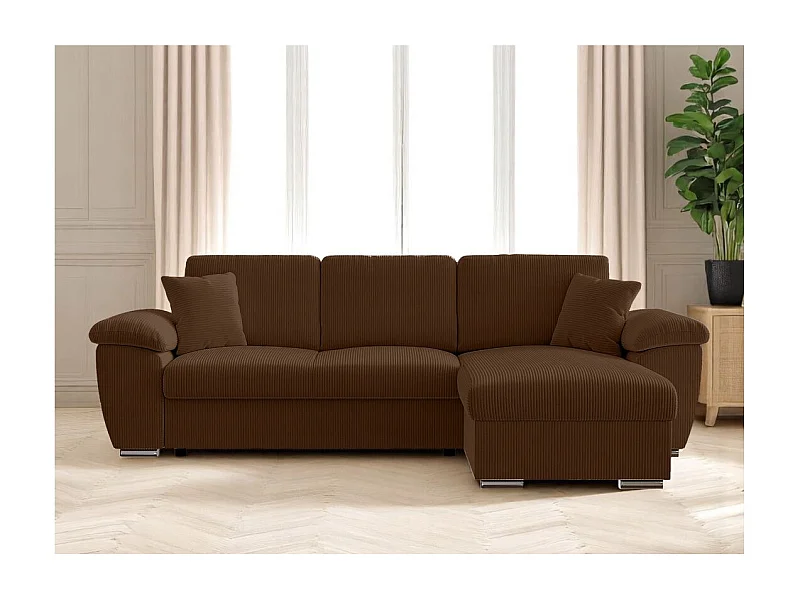 Canapé d'angle ALBERT réversible convertible 4 places avec coffre en velours côtelé - Marron