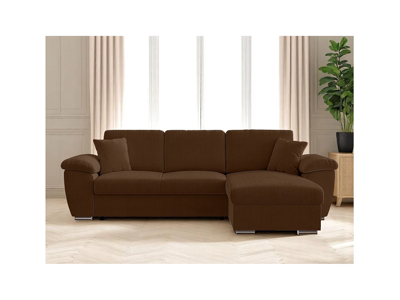 Canapé d'angle ALBERT réversible convertible 4 places avec coffre en velours côtelé - Marron