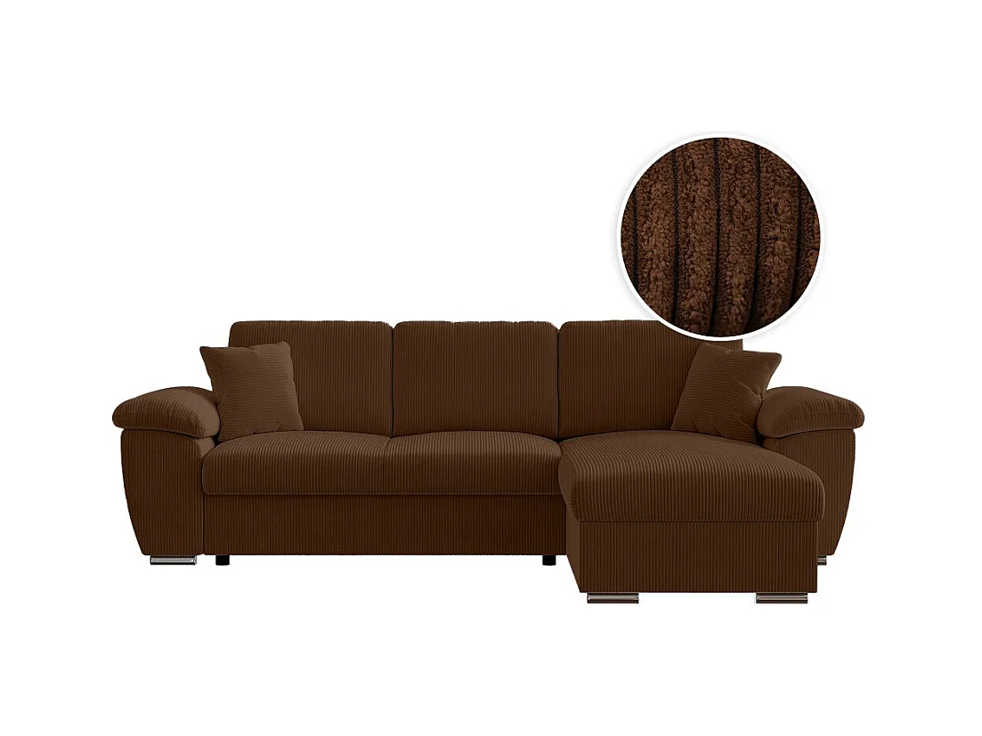 Canapé d'angle ALBERT réversible convertible 4 places avec coffre en velours côtelé - Marron