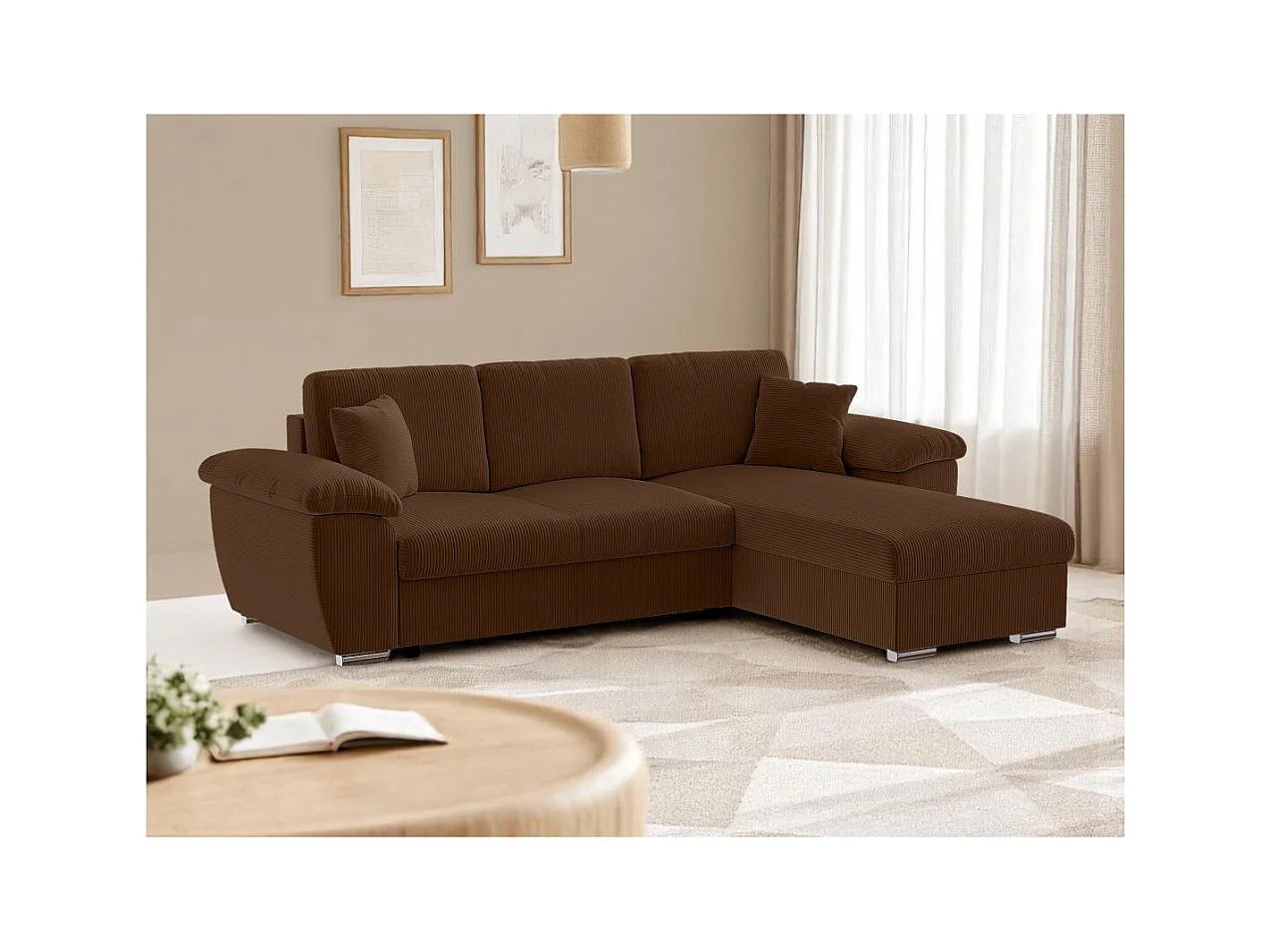 Canapé d'angle ALBERT réversible convertible 4 places avec coffre en velours côtelé - Marron
