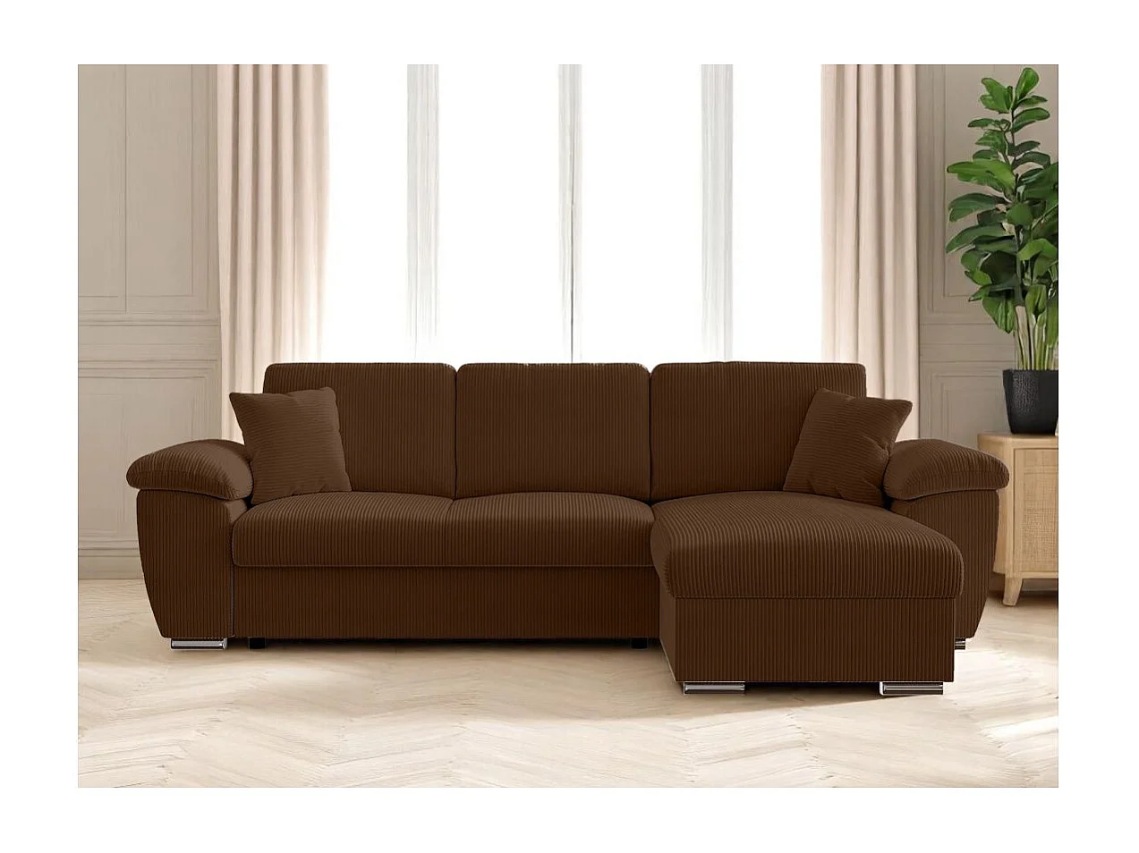 Canapé d'angle ALBERT réversible convertible 4 places avec coffre en velours côtelé - Marron