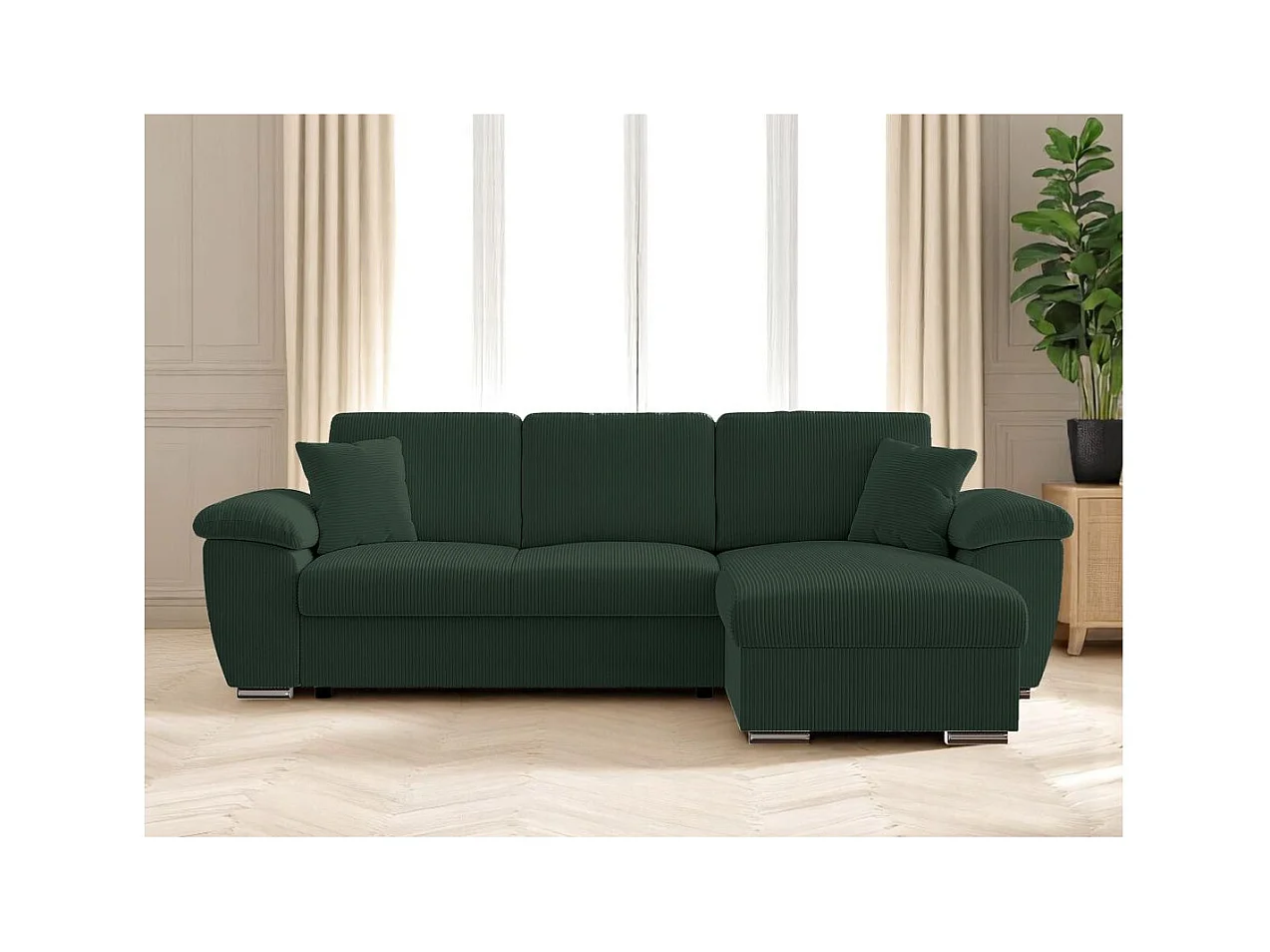Canapé d'angle ALBERT réversible convertible 4 places avec coffre en velours côtelé - Vert foncé