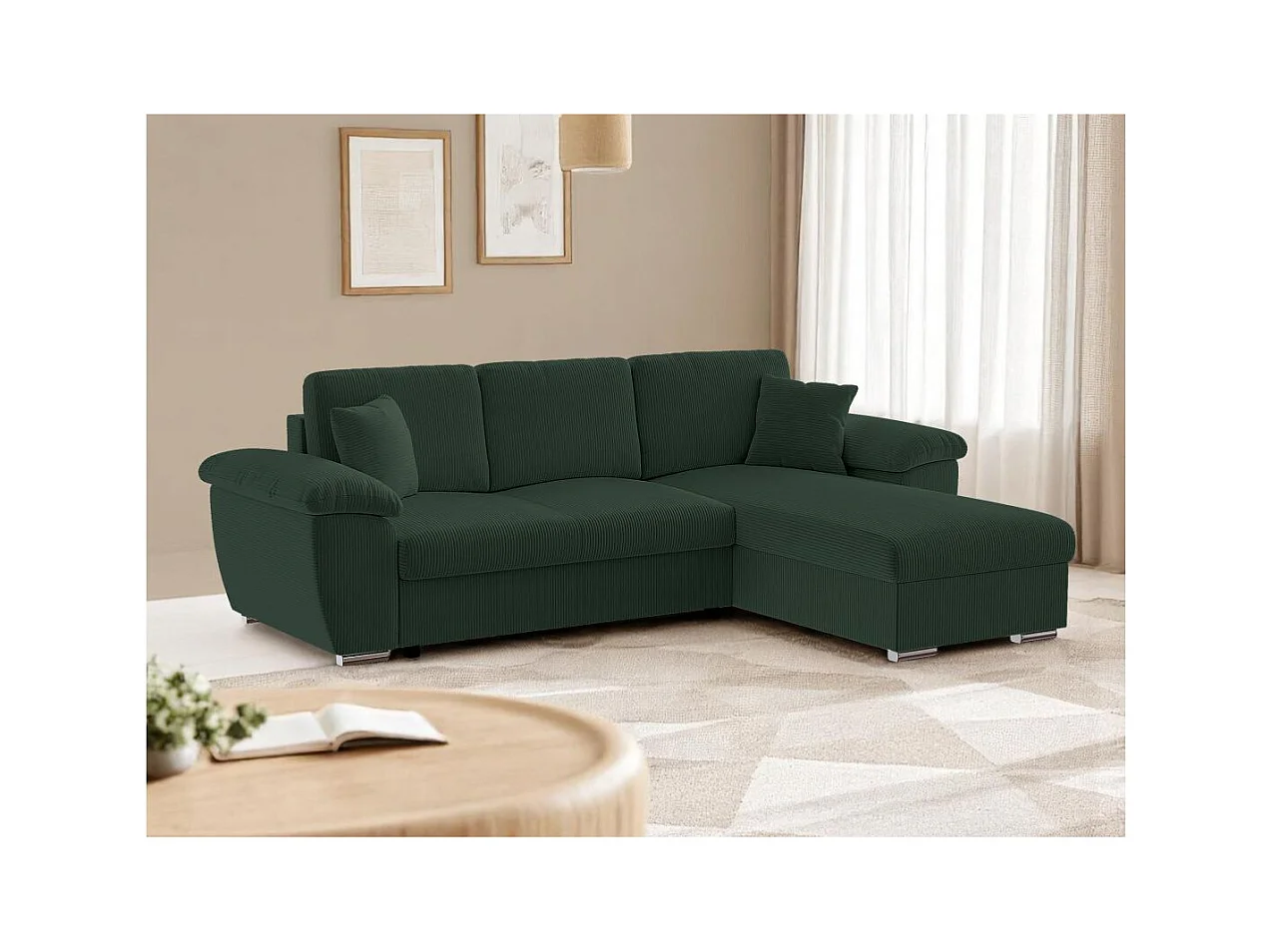 Canapé d'angle ALBERT réversible convertible 4 places avec coffre en velours côtelé - Vert foncé