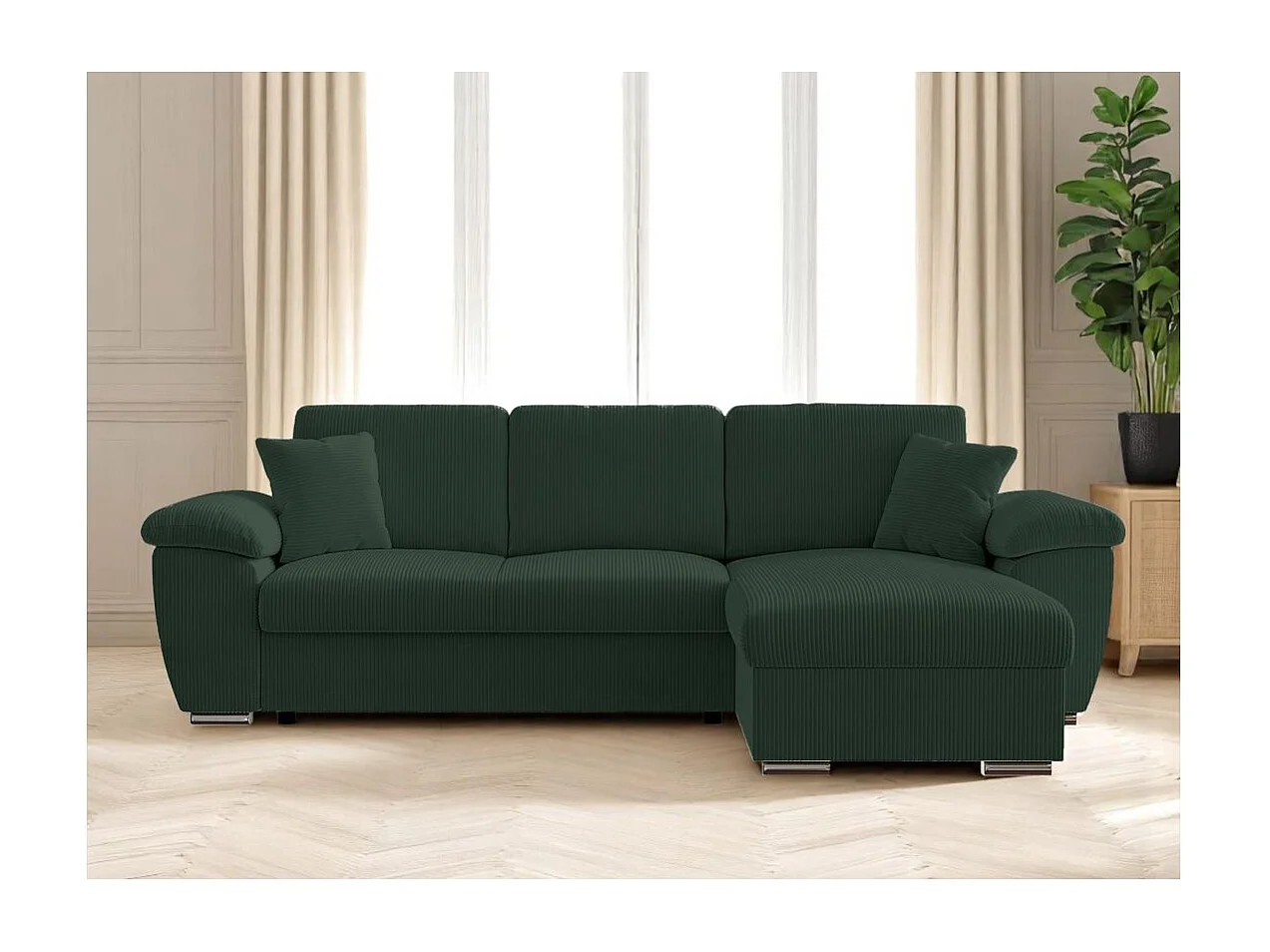 Canapé d'angle ALBERT réversible convertible 4 places avec coffre en velours côtelé - Vert foncé