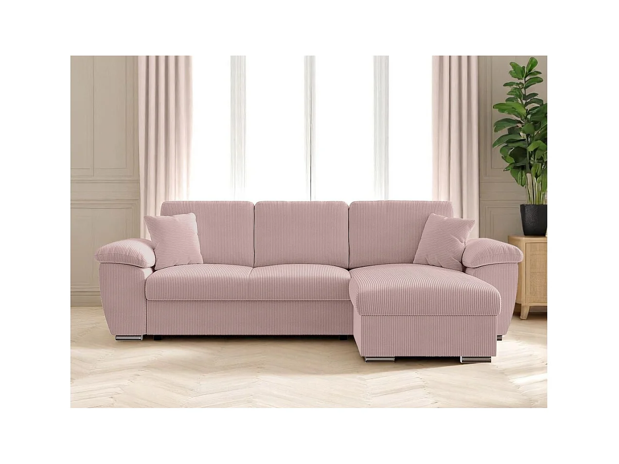 Canapé d'angle ALBERT réversible convertible 4 places avec coffre en velours côtelé - Rose