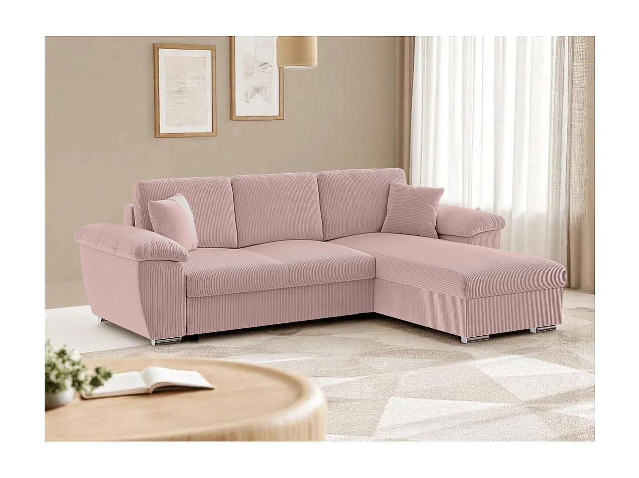 Canapé d'angle ALBERT réversible convertible 4 places avec coffre en velours côtelé - Rose