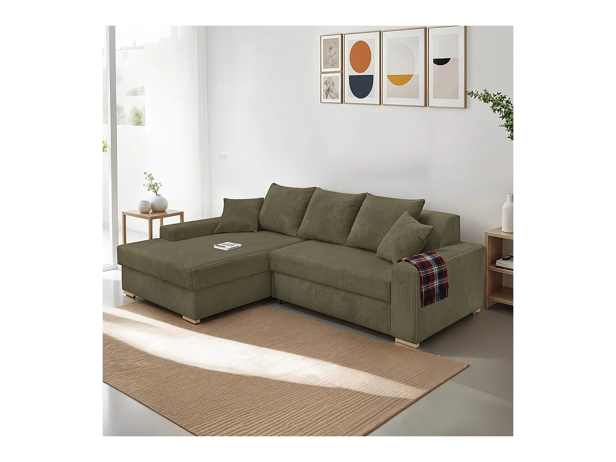 Canapé d'angle à gauche convertible 3/4 places en velours côtelé vert kaki - Nyssa