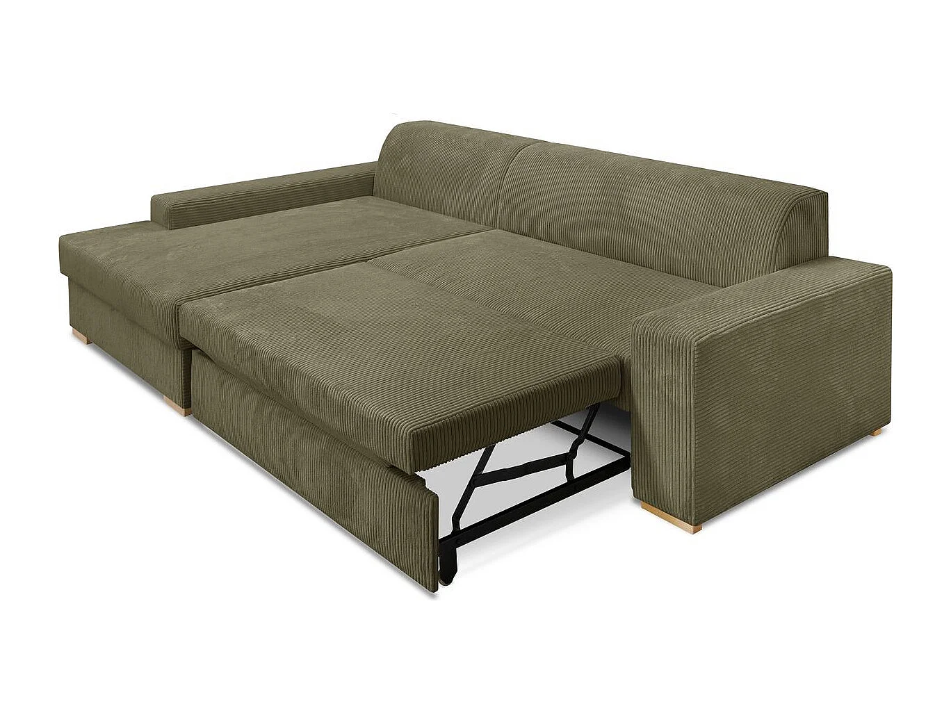 Canapé d'angle à gauche convertible 3/4 places en velours côtelé vert kaki - Nyssa