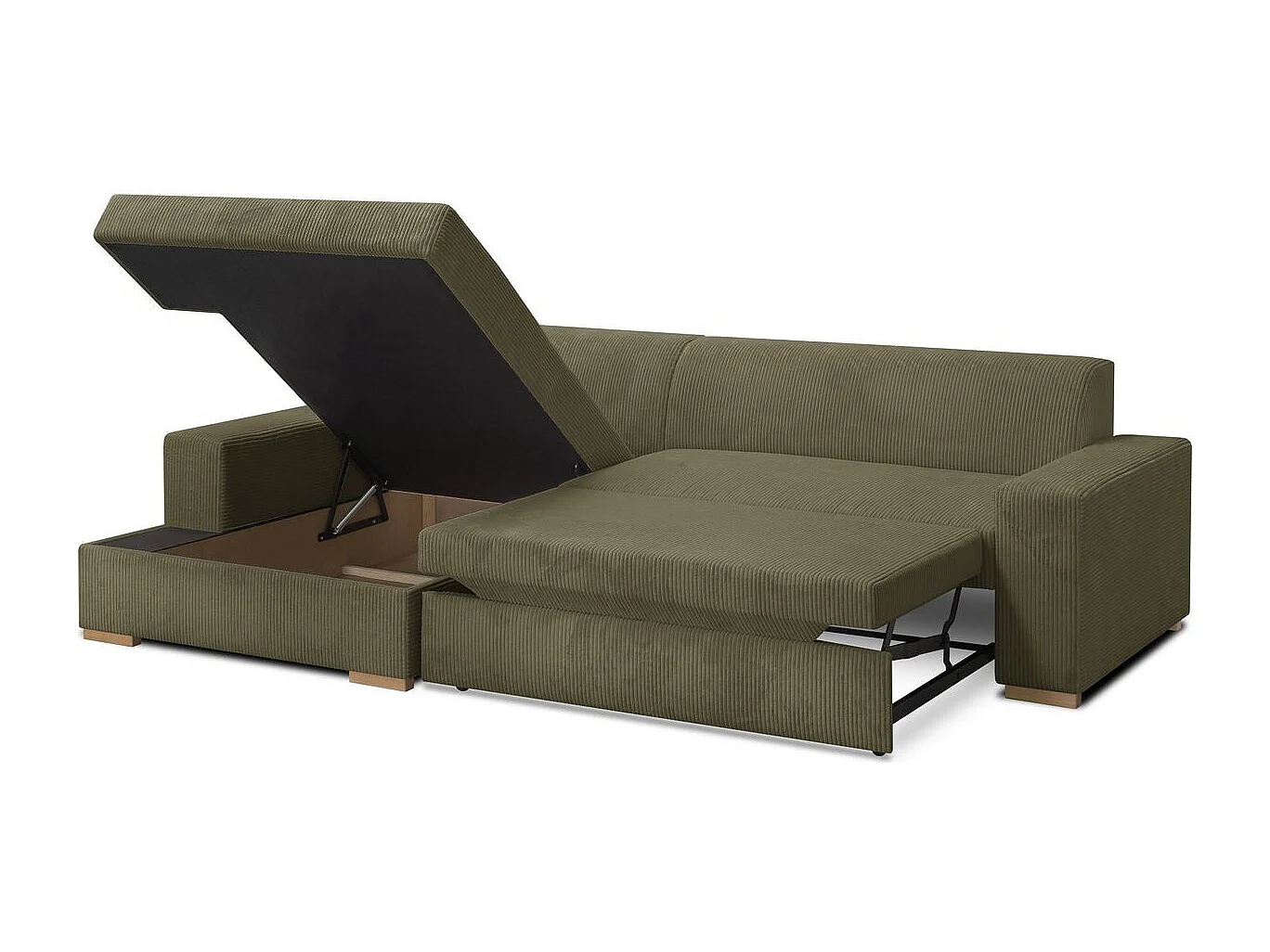 Canapé d'angle à gauche convertible 3/4 places en velours côtelé vert kaki - Nyssa