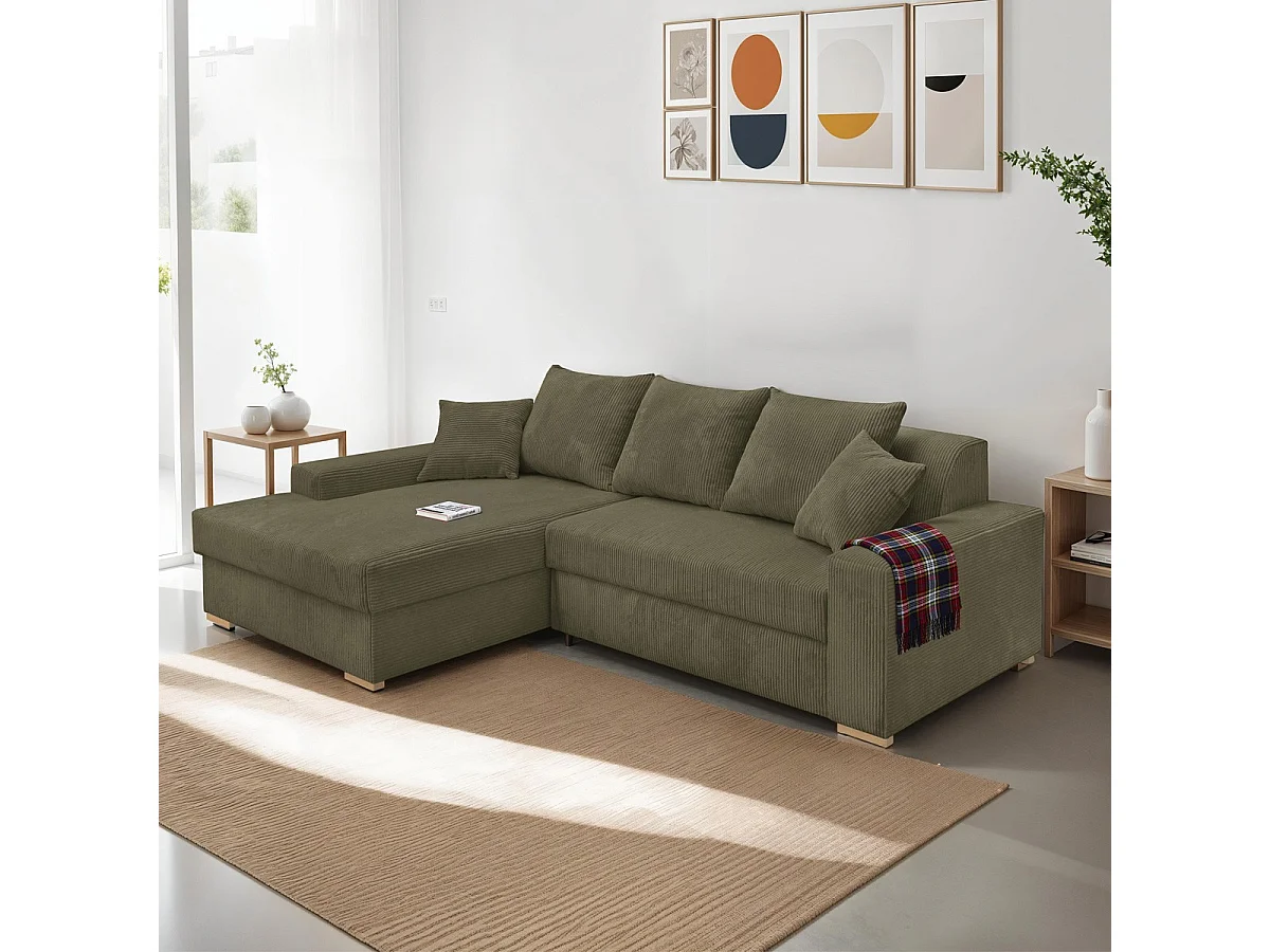 Canapé d'angle à gauche convertible 3/4 places en velours côtelé vert kaki - Nyssa