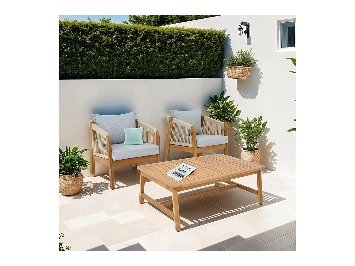 Salon de jardin 2 places en bois FSC - 2 fauteuils et table basse - Symi