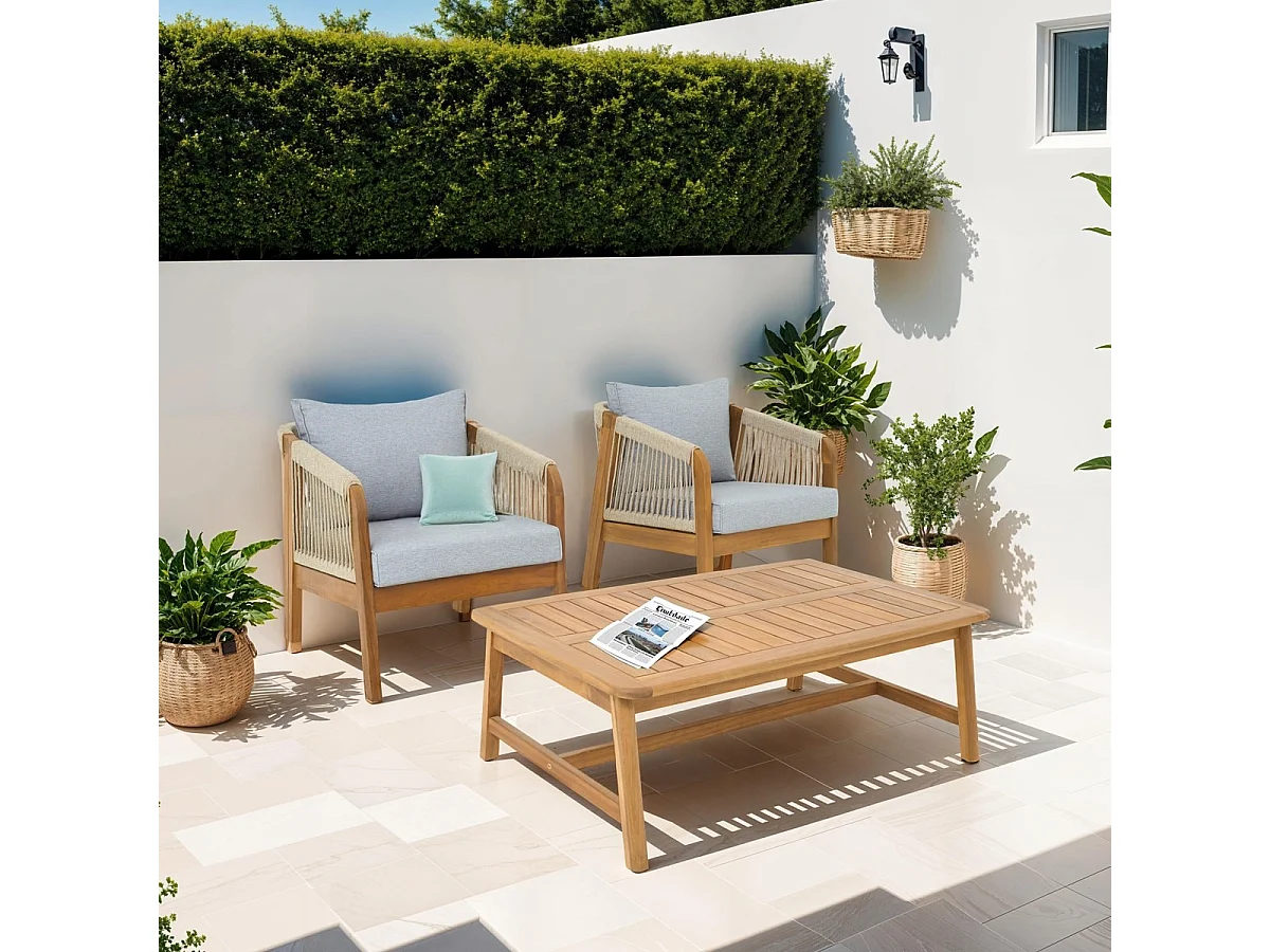 Salon de jardin 2 places en bois FSC - 2 fauteuils et table basse - Symi