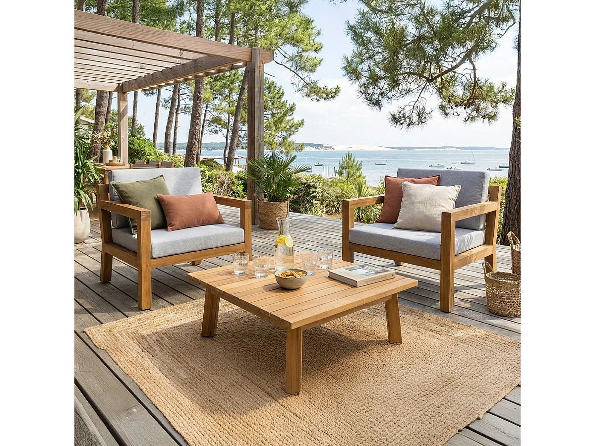 Salon de jardin 2 places en bois FSC - 2 fauteuils et table basse - Palau