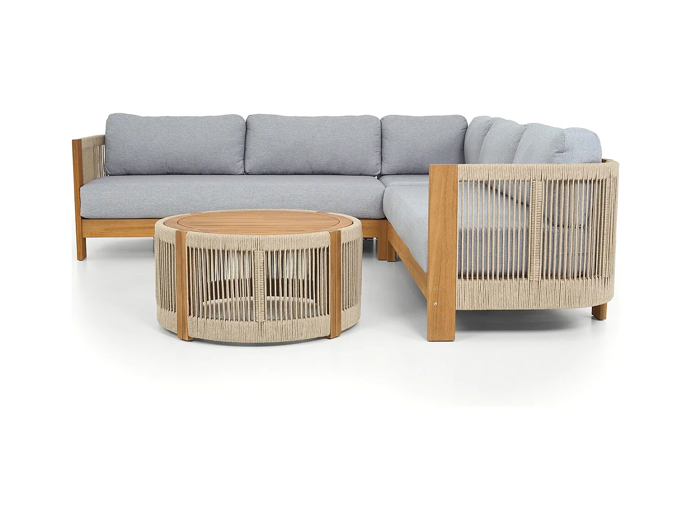 Salon de jardin d'angle 5 places en bois FSC - coussins gris chiné - Praia